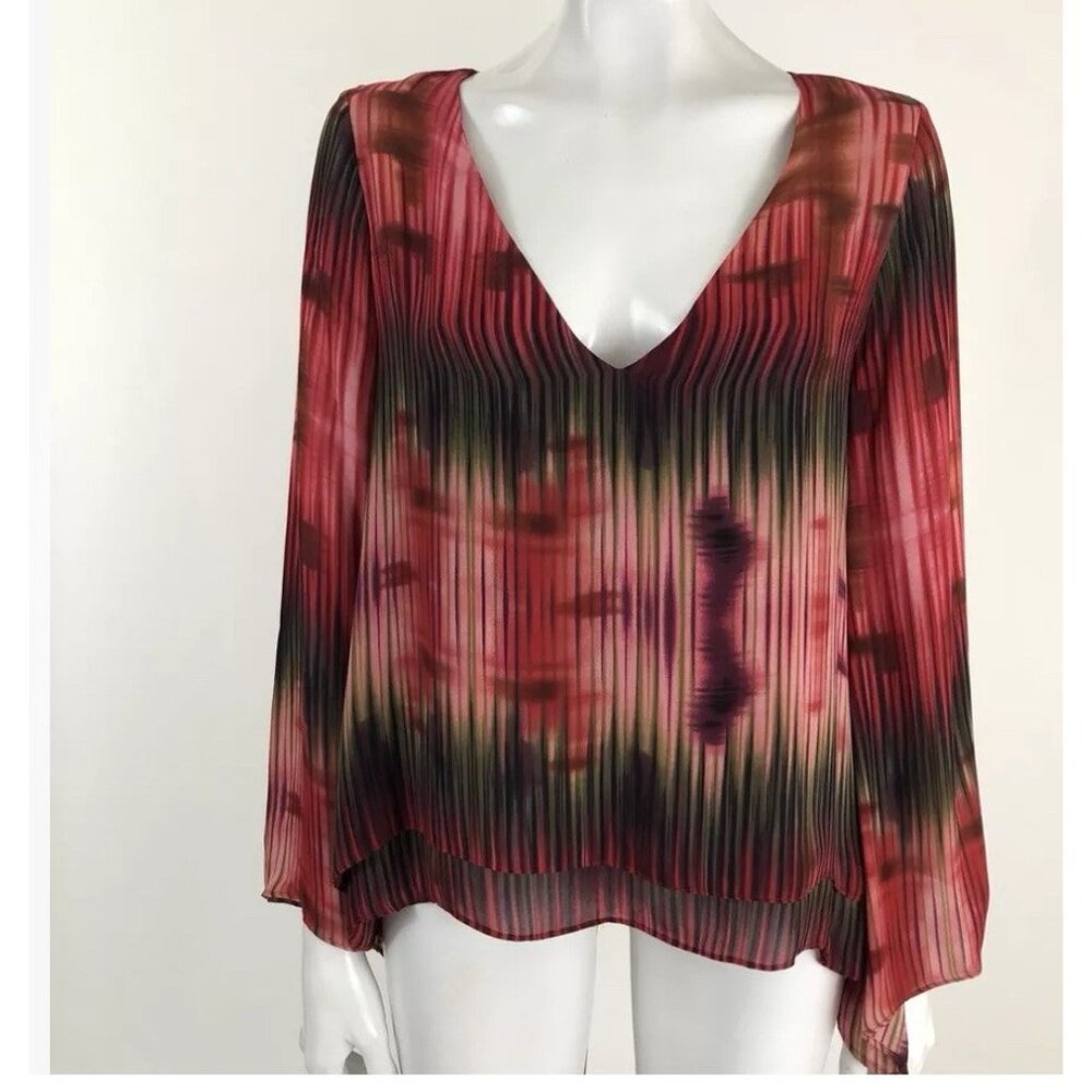 Parker Womens S‎ 100% Silk Striped Multi Color Tiered Hi Lo Bell Sleeve Blouse